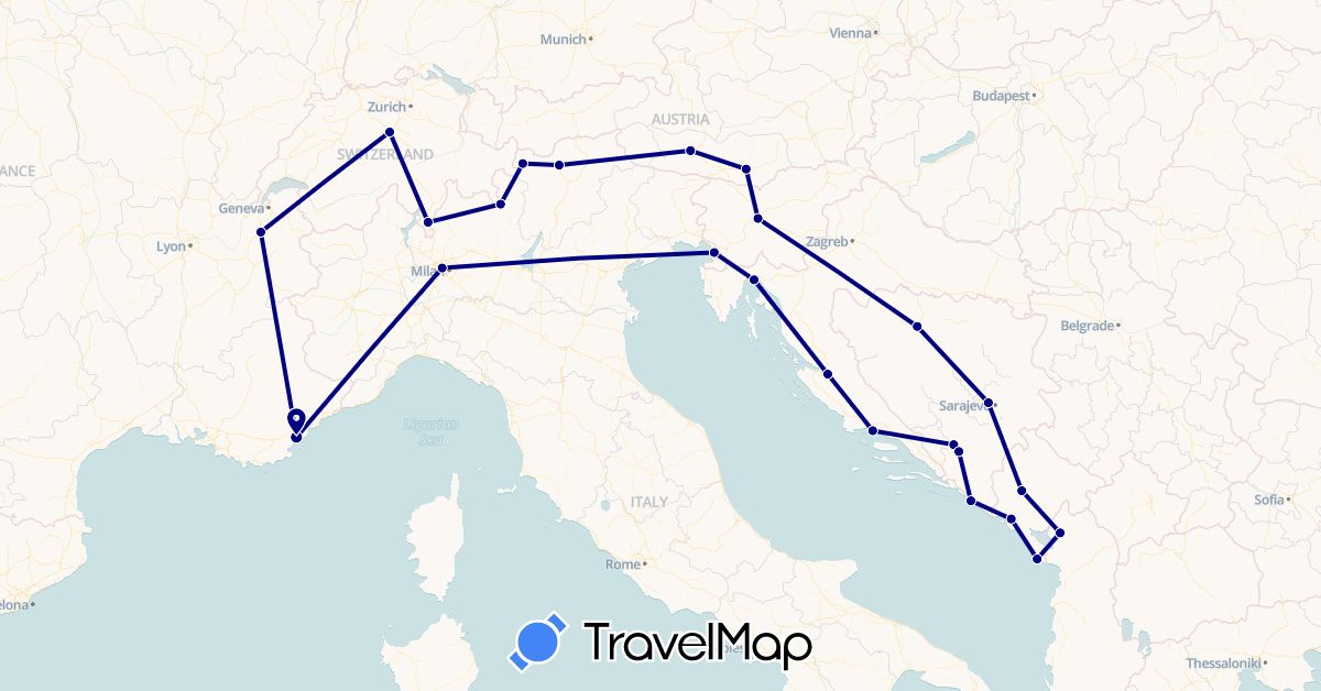 TravelMap itinerary: driving in Albania, Austria, Bosnia and Herzegovina, Switzerland, France, Croatia, Italy, Montenegro, Slovenia (Europe)