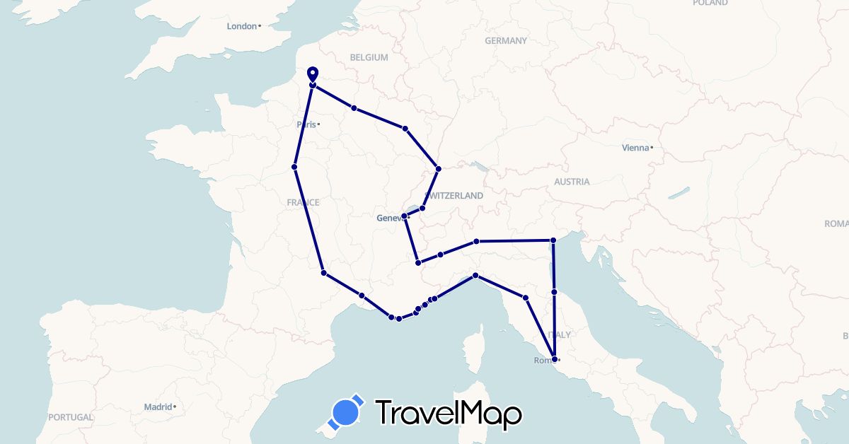 TravelMap itinerary: driving in Switzerland, France, Italy, Monaco, San Marino (Europe)